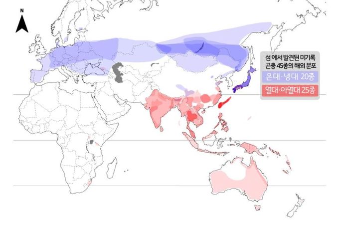섬에서 발견된 미기록종 곤충의 해외 분포도