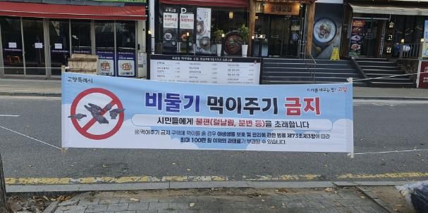 ‘비둘기 먹이주기 금지’ 안내 현수막