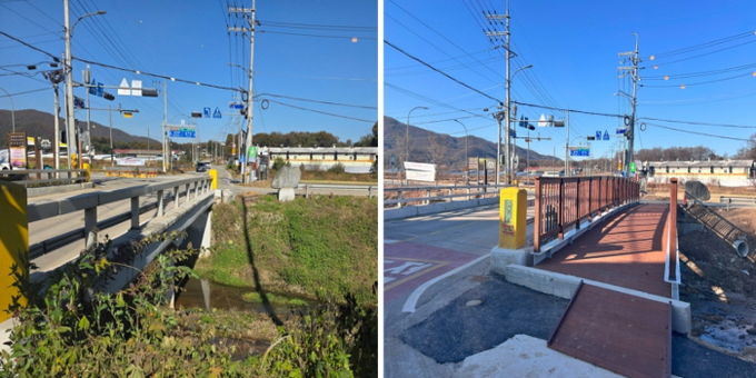 용인특례시 처인구가 백암면 장평교 인도교를 설치했다. 사진은 설치 전(왼쪽)과 설치 후(오른쪽) 모습