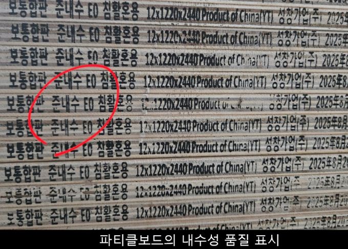 파티클보드의 내수성 품질 표시